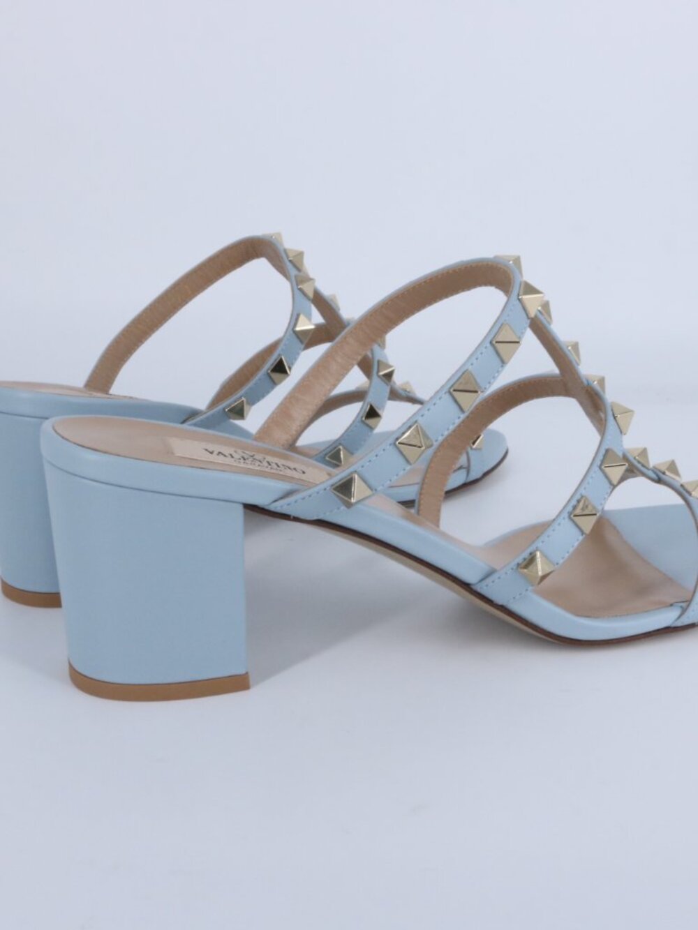 Valentino 40 Porcelain Blue Gold Cage Rockstud 60mm Classic Heels Sandals E938 - Picture 5 of 15